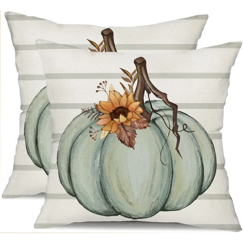 18x18 inch 2-piece autumn pumpkin decoration gray white striped Thanksgiving pillow set