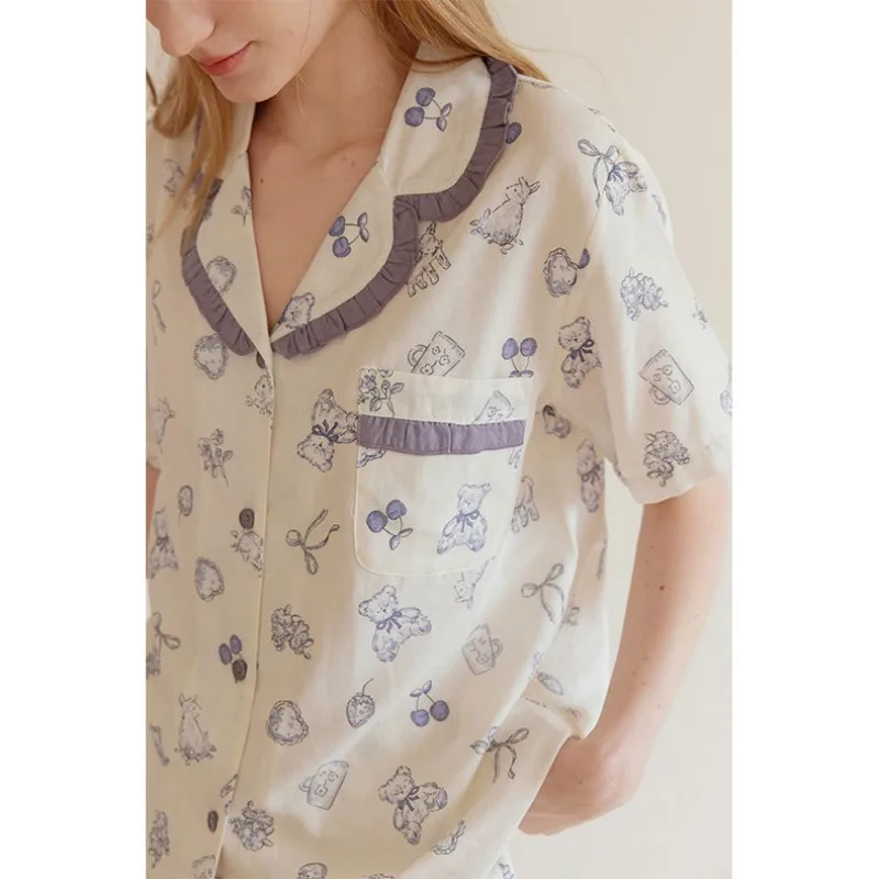 2024 Zomer Katoen Dubbellaags Gaas Pyjama Set Paarse Beer Print Revers Korte Mouw Pyjama Voor Dames 2 Delige Nachtkleding