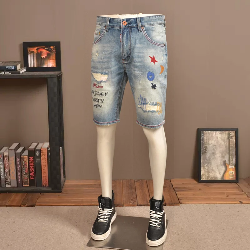 الصيف مصمم أزياء الرجال الجينز الرجعية الأزرق تمتد ممزق الدينيم السراويل الرجال Y2K الهيب هوب التطريز خمر السراويل Hombre