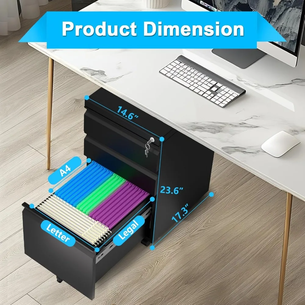 خزانة ملفات متنقلة بثلاثة أدراج مقاس 24 بوصة - خزانة ملفات جانبية للمكتب مع قفل/2 مفتاحًا، خزانة ملفات معدنية تحت المكتب مع ضبط
