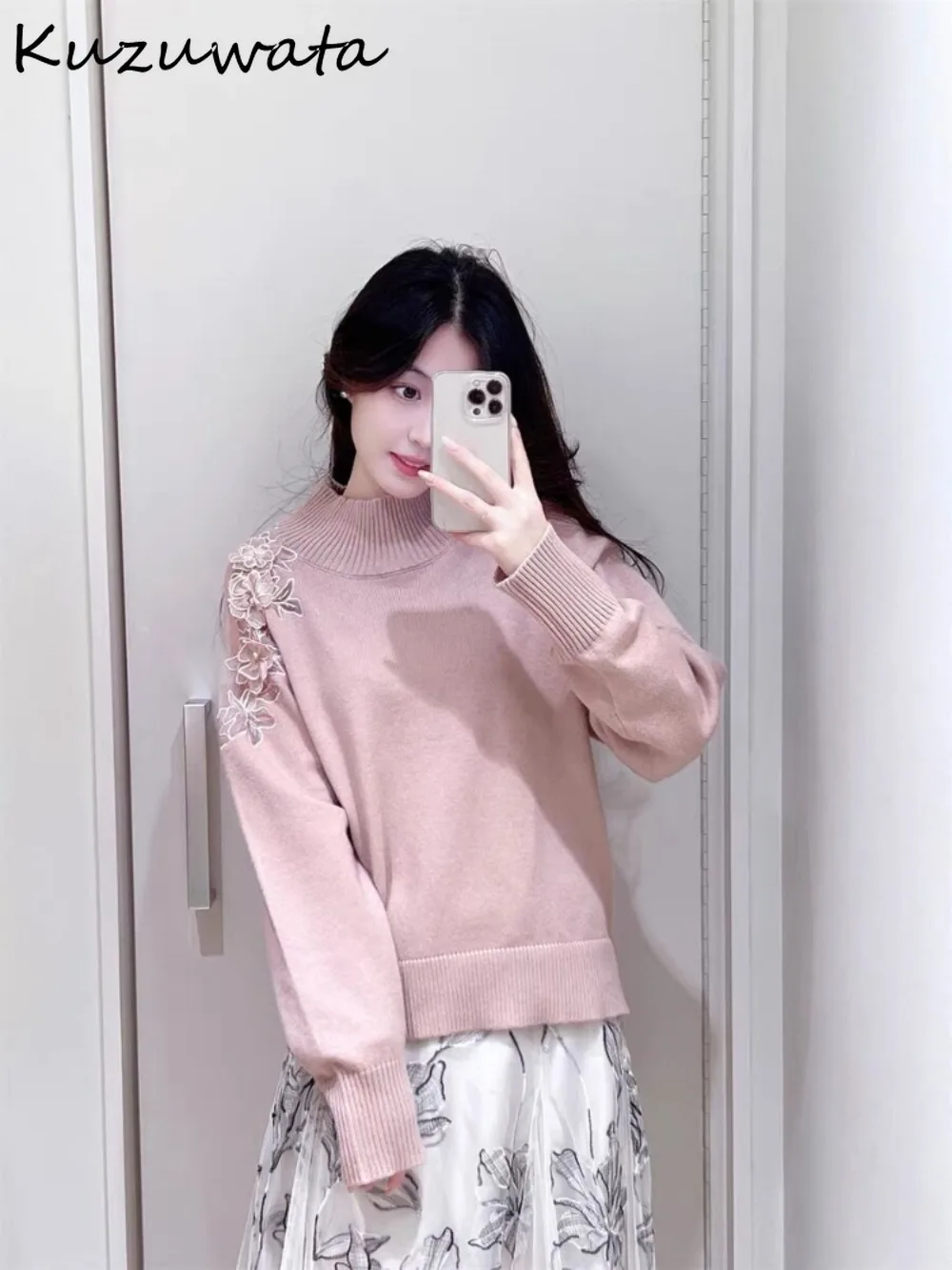 Kuzuwata New Half-high Collar Long Sleeve Jumper Three-dimensional Voile Elegant Pullover Japan Knit Embroidered Hollow Out Tops