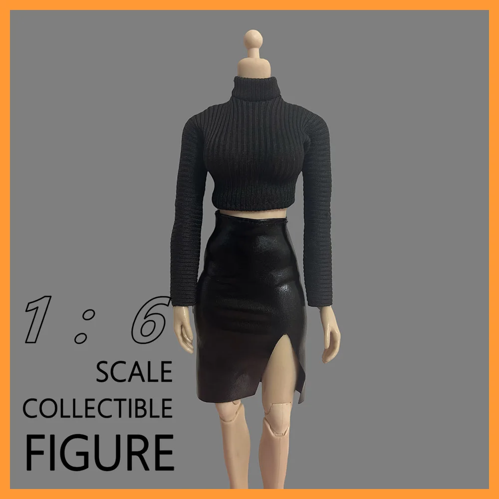 

Масштаб 1/6, офисная женская черная водолазка, вязаные топы, узкие кожаные юбки с разрезом, комплект одежды для 12-дюймовой экшн-фигурки, модель тела, игрушки