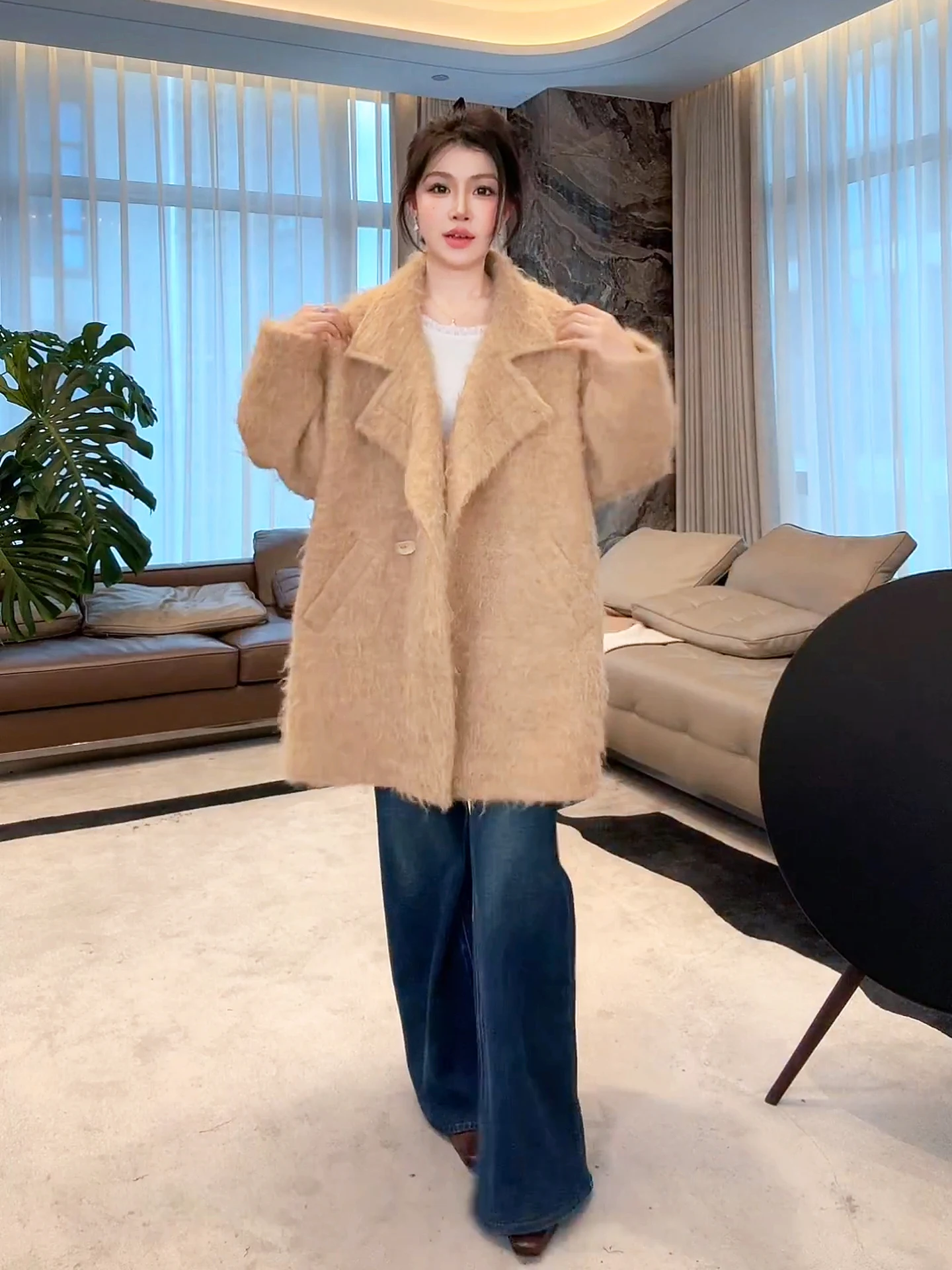 

North Latitude 43 Woolen Coat Long Fur Trim Faionable Main Character Women's Jaet Thiened Winter Commute Sle Pure Color