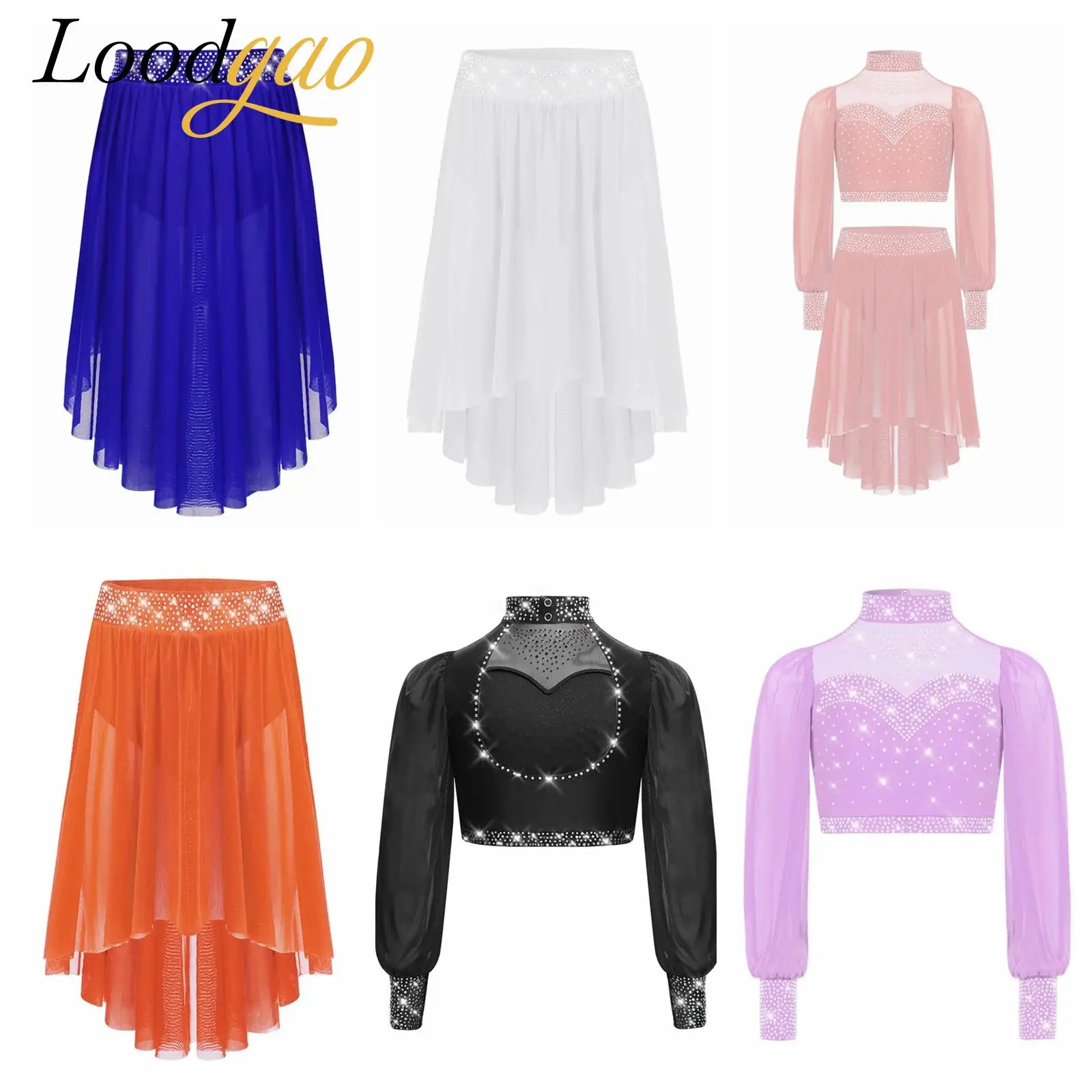 

Children Ballet Outfit Modern Contemporary Costumes Girls Skating Lyrical Dance Outfit Rhinestones Crop Top + Skirts Dancewear
