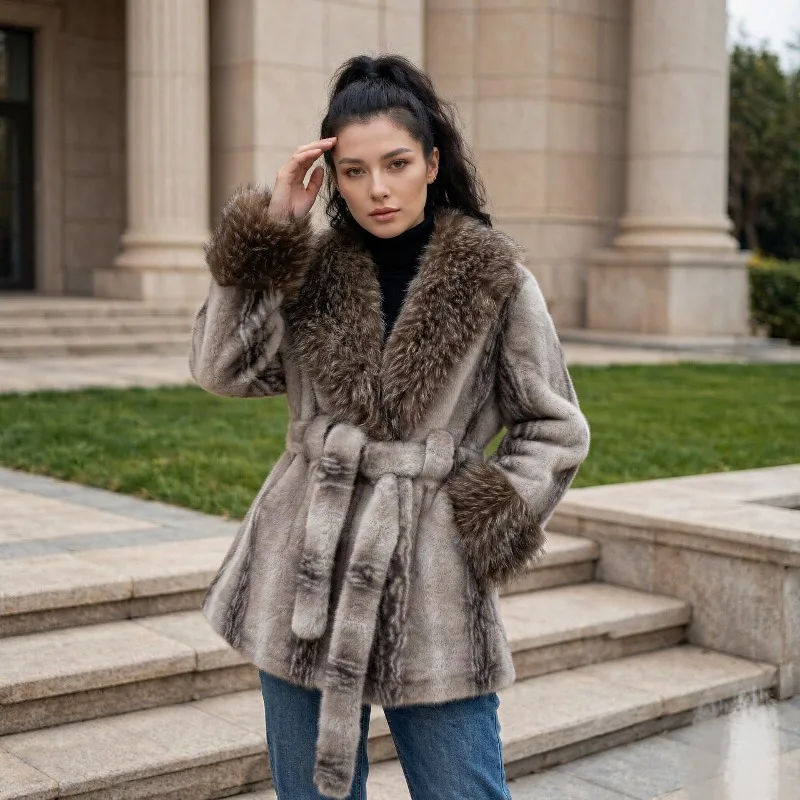 European Luxury Autumn Winter New Leopard Print Imitation Fur Big Fur Collar Waist Strap Thickened and Thin Medium and Long Coat