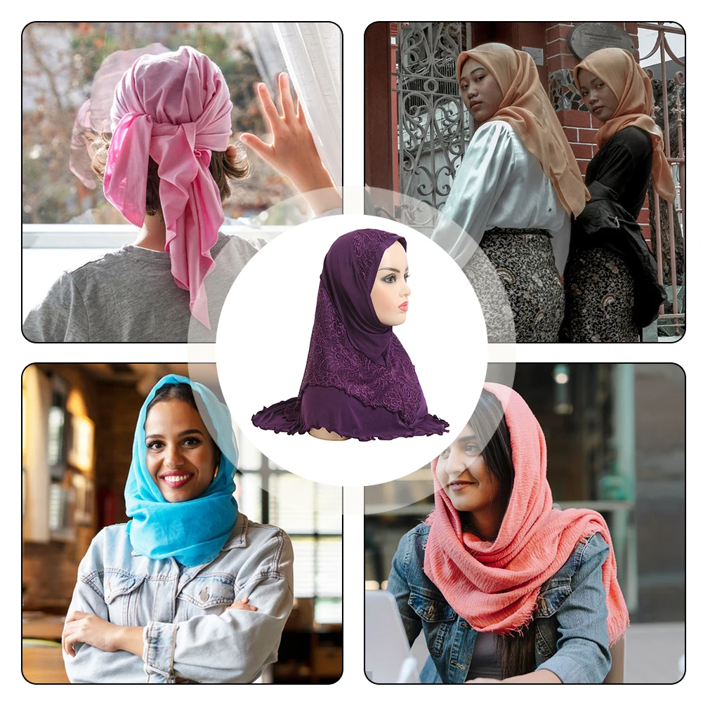 Women One Piece Lace Muslims Hijab Cap With Lace Plain Color Pre-Tied Lace Scarf Shawl Breathable Comfy Headwear For Women Girls