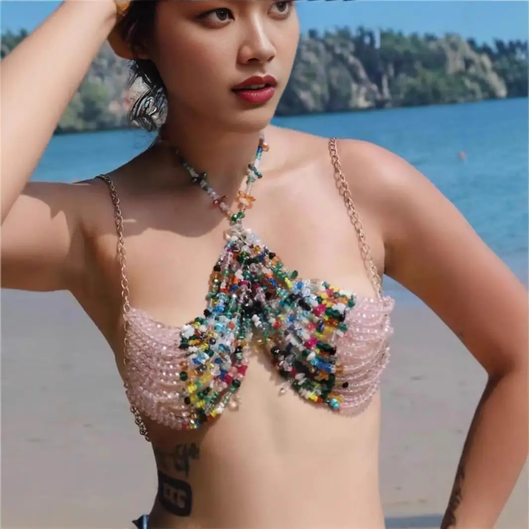 

Бюстгальтер ручной работы с бисером, топ, женский жилет, цепочка через плечо, сексуальная девушка, майка, цепочка для тела, модная новая внутренняя одежда, ort Length