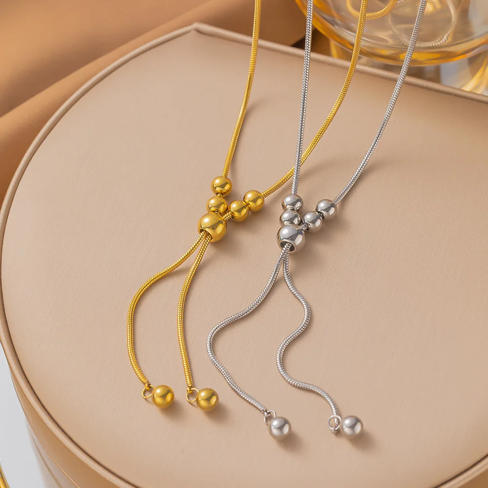 Stainless Steel Gold Color Ball Pendant Necklace For Women Simple Metal Y Shaped Long Sweater Chain Necklace Jewelry Gift