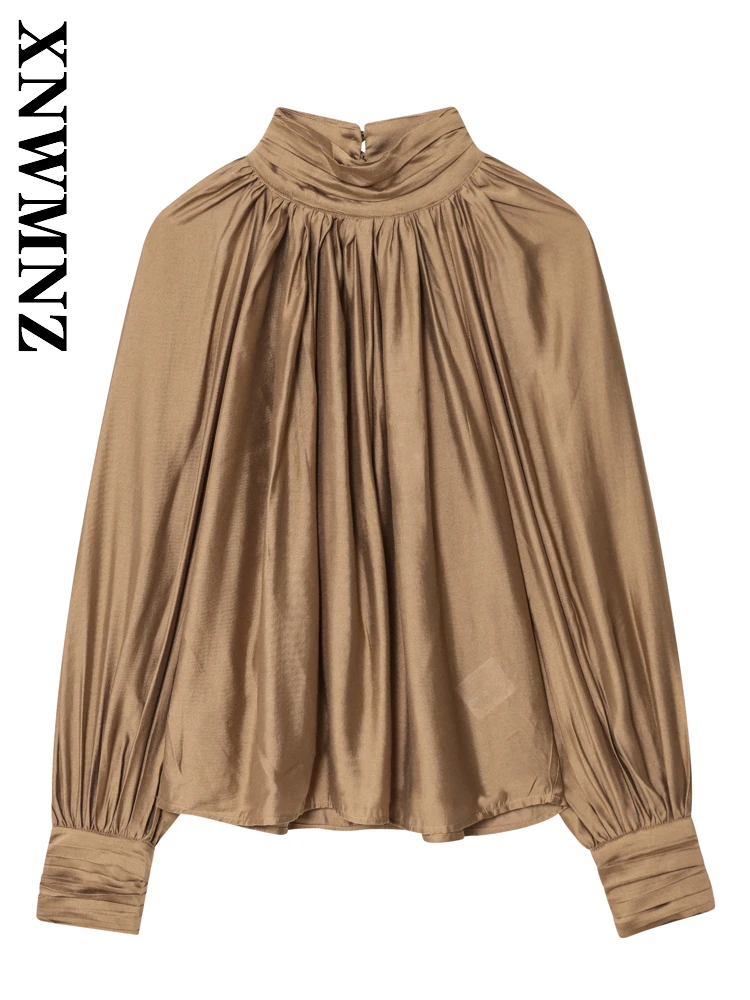 XNWMNZ 2025 Autumn New Lady Commuting Fashion Long Sleeve Stand Collar wrinkle Long Sleeve Top Vintage Chic Woman Simple Top