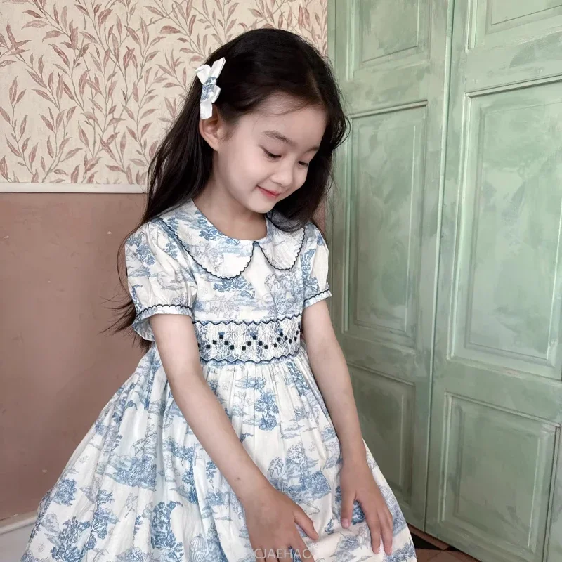 2025 Kids Cotton Retro Blue Print Hand SmockedCasual Outfit 2-10 Y Sundress Summer Matching Girls Vintage Simple Style Holiday