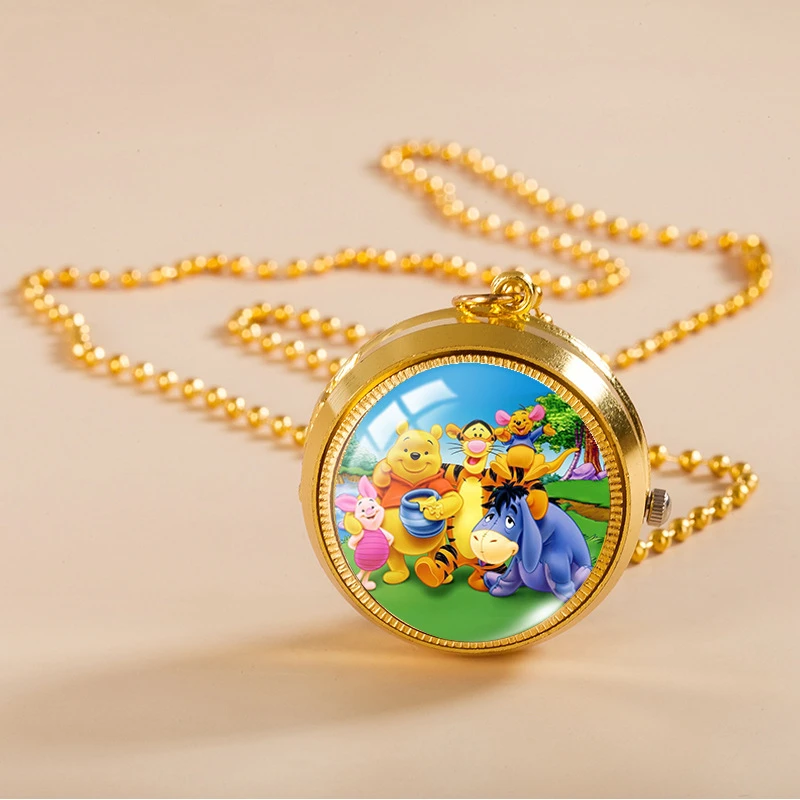 Disney Pooh Bear Flip Cover Pocket Watch Tigger Piglet Winnie Cosplay Vintage Personality Cabochon Pendant Necklace Watches Gift