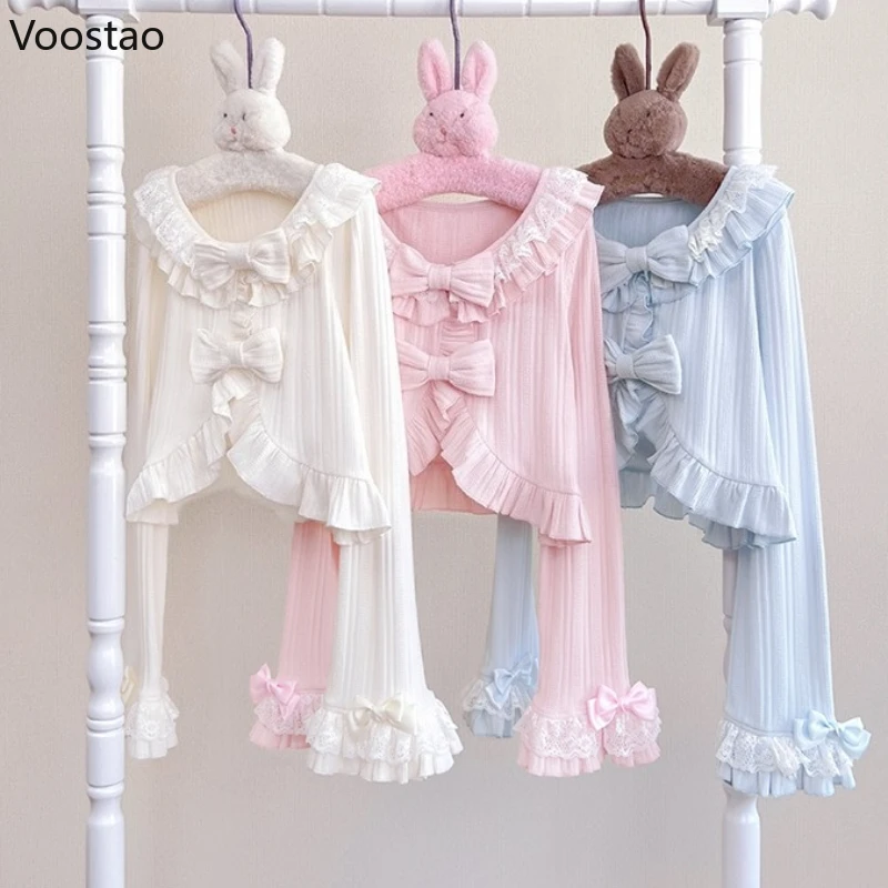 Japanse Kawaii Lolita Stijl Gebreid Vest Vrouwen Zoete Boog Ruches Kant Patchwork O-hals Trui Jas Casual Elegante Leuke Top