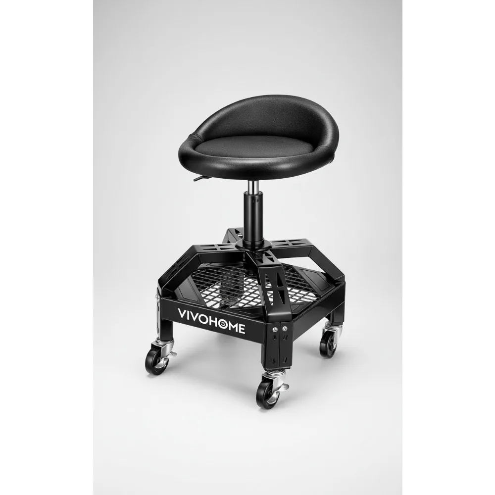 

Adjustable Height Rolling Shop Stool with 360° Swivel, Tool Tray & Wheels for Garage Workshop - 300 LBS Capacity
