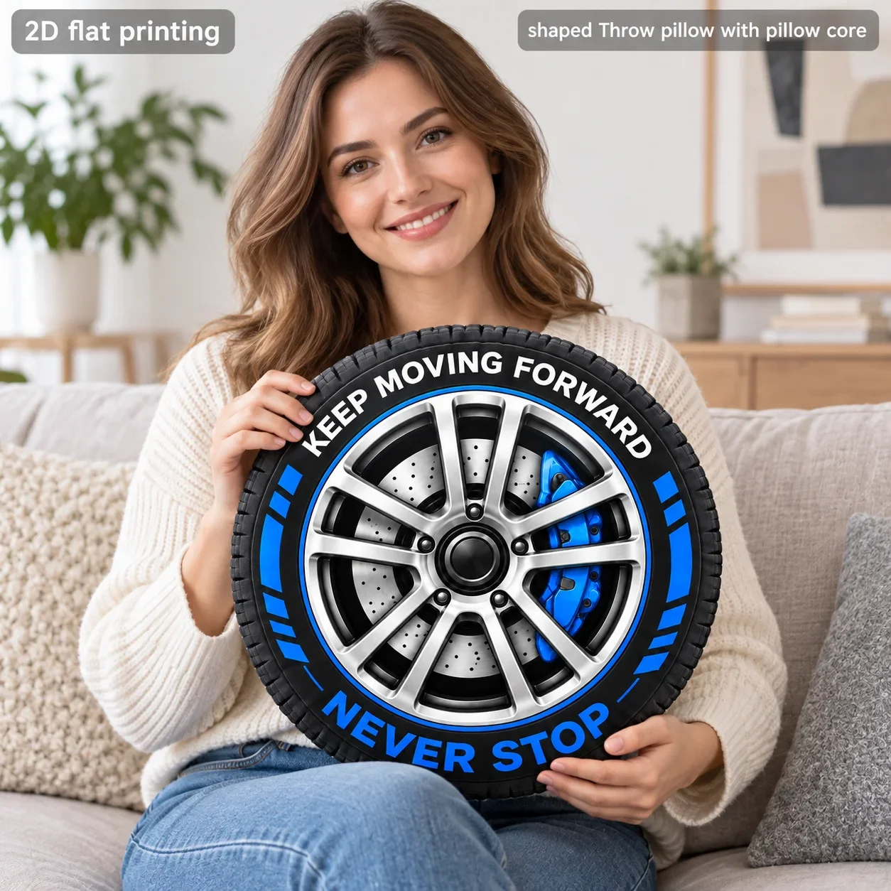 Car Tire Shaped Throw Pillow with Pillow Core and Soft Polyester 2D Wheel Rim Print Pillow Cover for Sofa and Living Room Decor