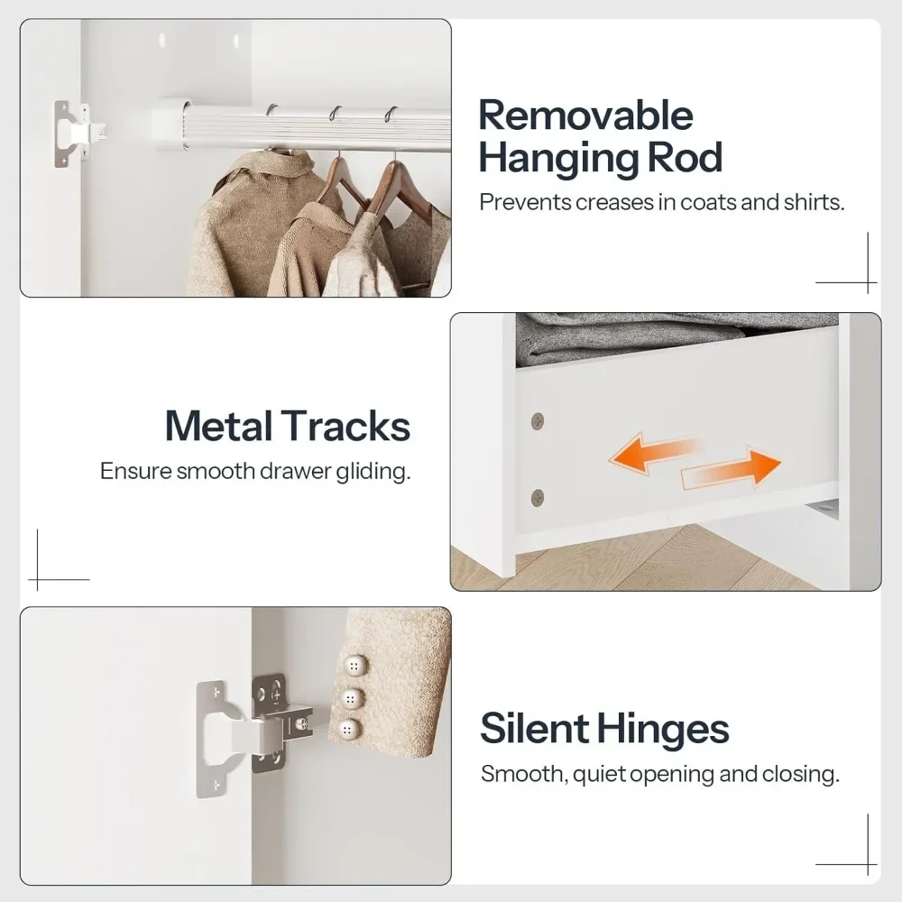 خزانة ملابس بذراع المزرعة مع أدراج وأبواب، خزانة ملابس خشبية مع قضيب معلق لتخزين الملابس