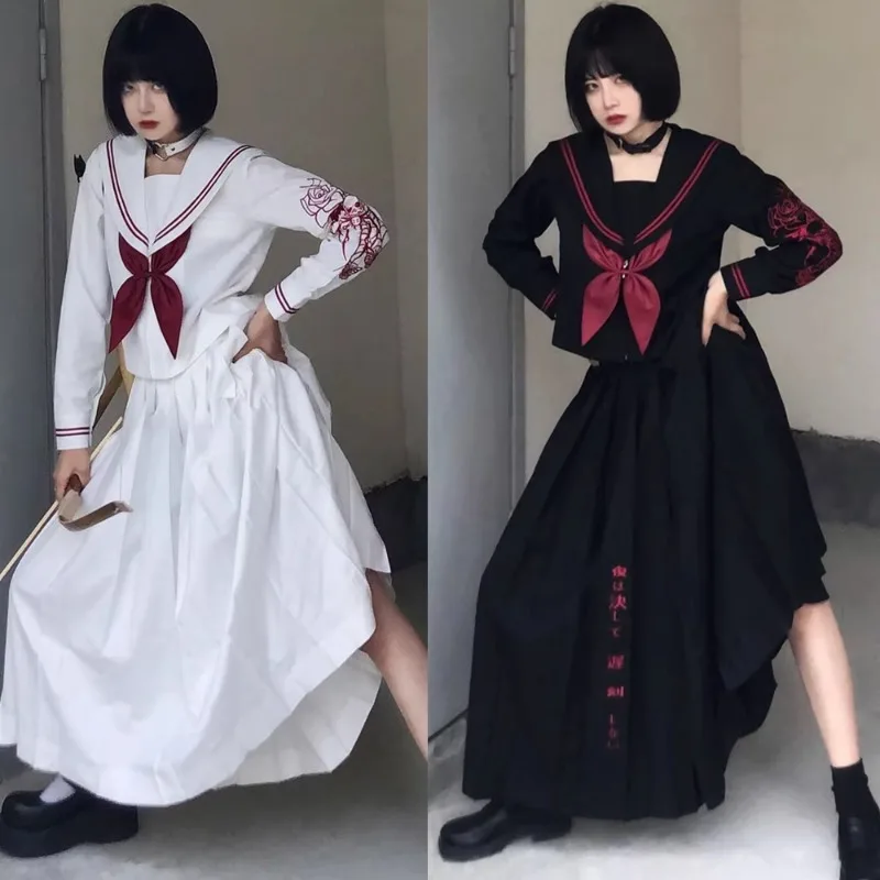 2024 New JK Uniform Spring And Autumn Long Skirt Suit Dark Embroidery Sailor Outfits Cool Style White Black Two Pieces Set Girls