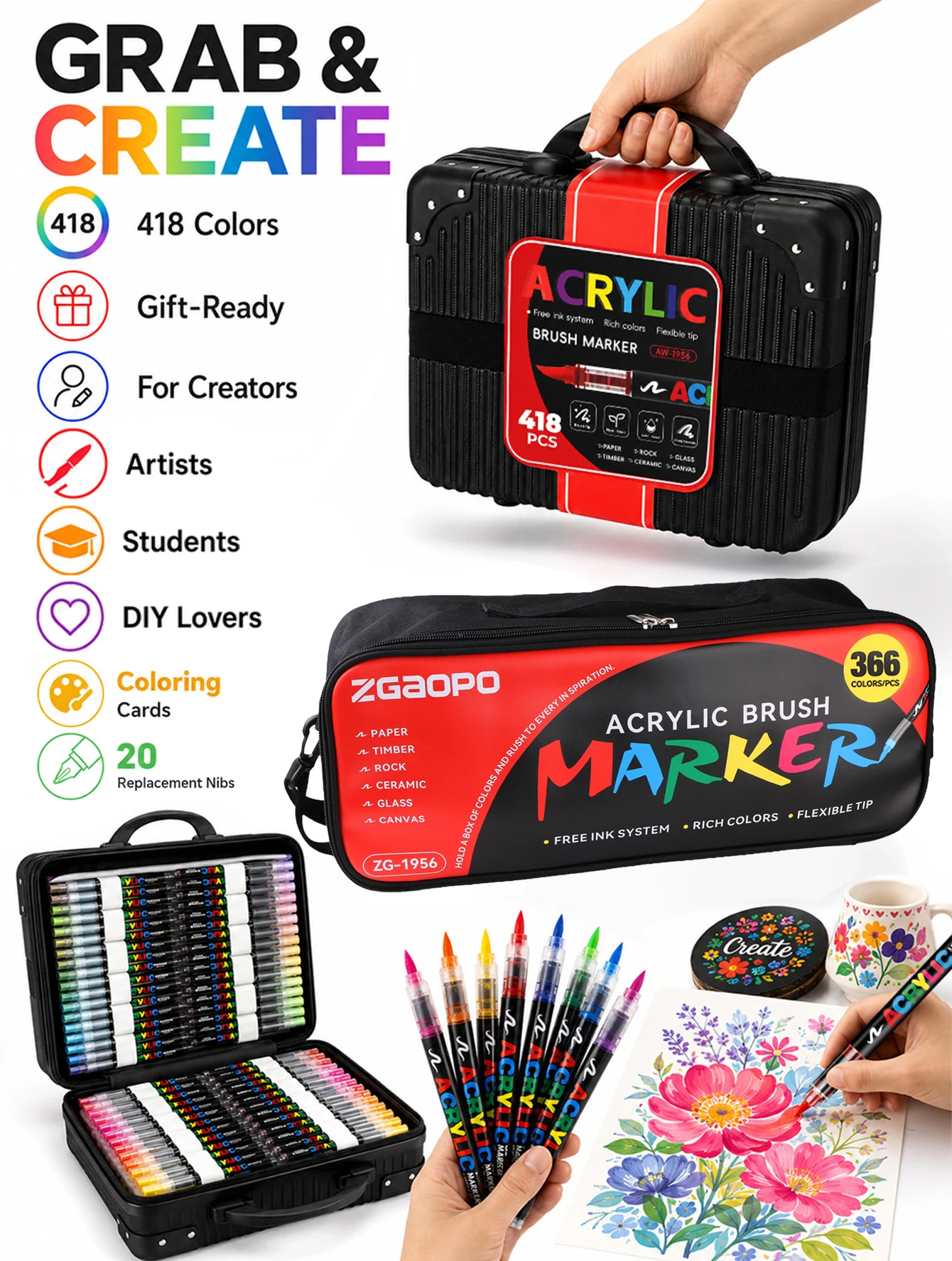 240/288/366Colors/Bag Christmas-Themed Acrylic Paint Pens Set,Soft Brush Tip Acrylic Markers for DIY Holiday Doodle Art Painting