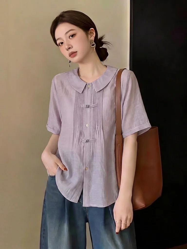 

New Chinese Style Purple Short Sleeve Shirt Women's Button up Top Shoulder Size plus Size Slimming Summer Fashion 2026