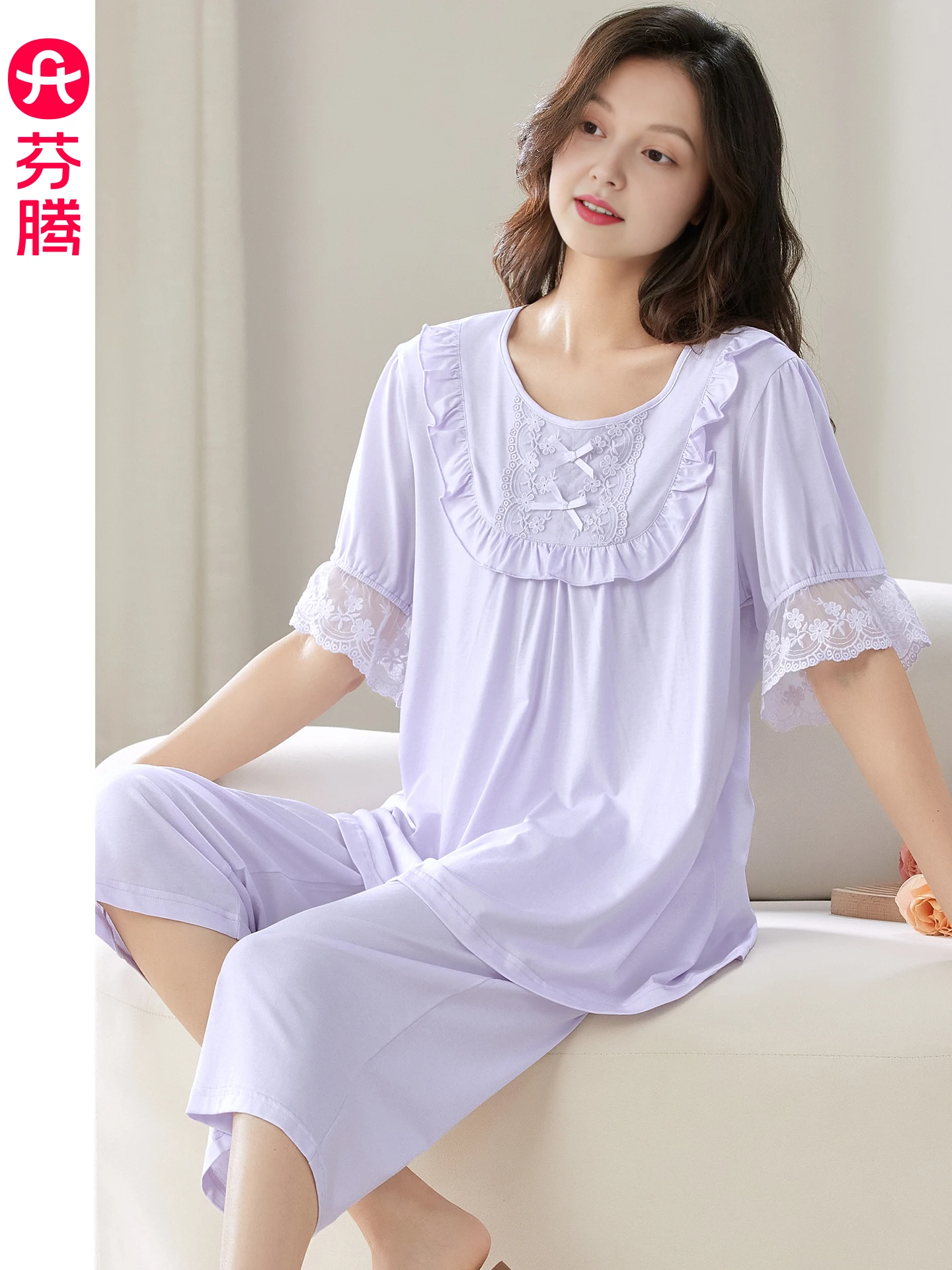 fenteng-women's-summer-sleepwear-short-sleeve-seven-foot-cotton-modal-thin-sweet-lace-trim-sleep-suit-classical-court-style