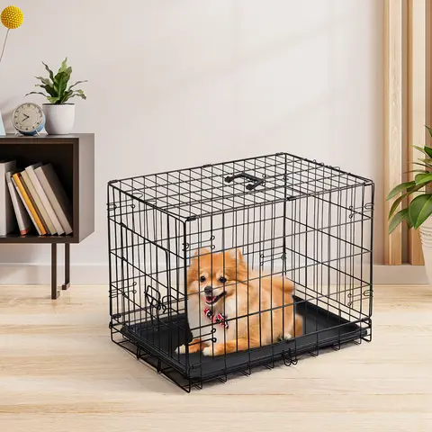 JHK 30IN Single Door Folding Metal Wire Dog Cage with Plastic Leak-Proof Pan Tray Extra Large Pet Kennel for Indoor Outdoor
