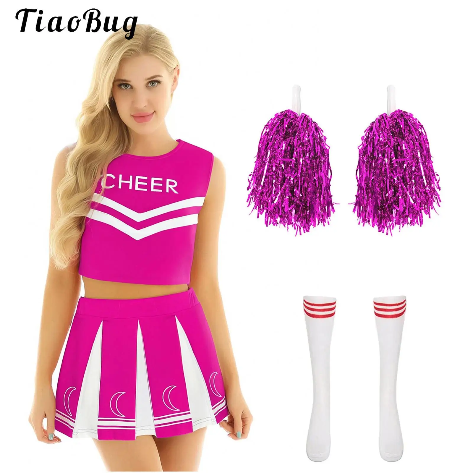 Womens 4Pcs Cheer Leader Costume Outfits Schoolgirl Party Sport Meeting Dance Cheerleading Uniform Musical Halloween Dancewear