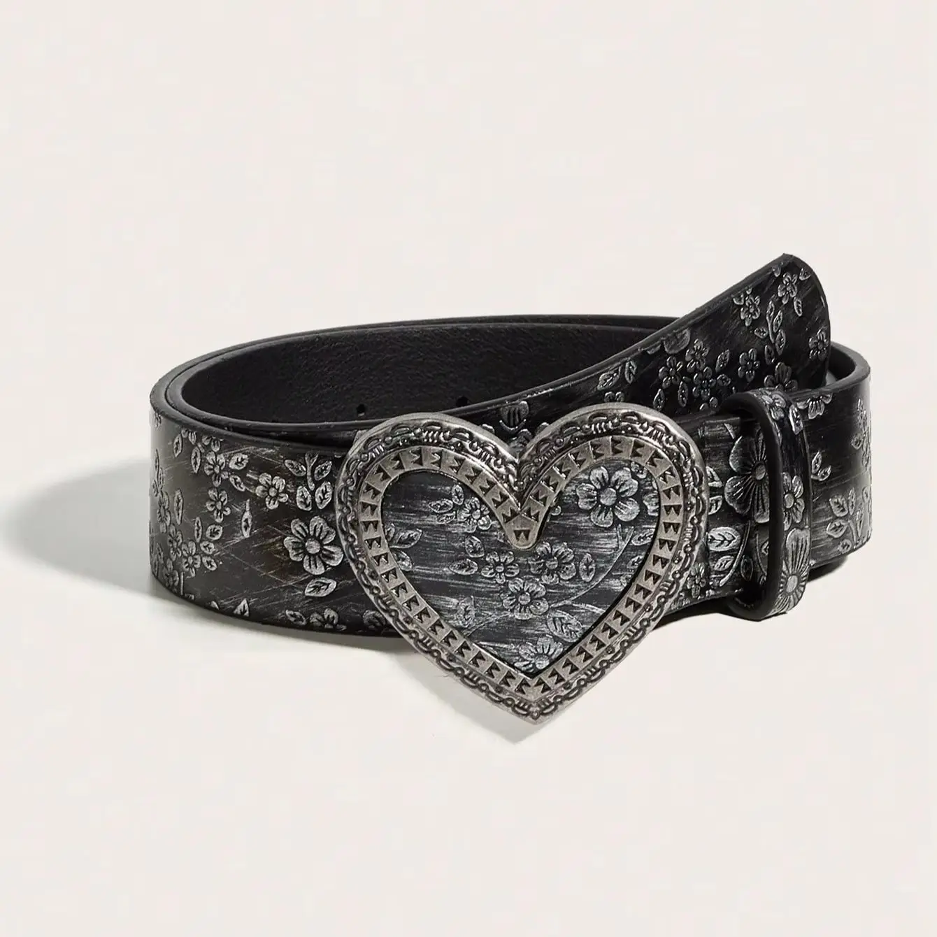 1pc women's American vintage black heart-engraved buckle belt, embossed versatile belt for jeans and skirts