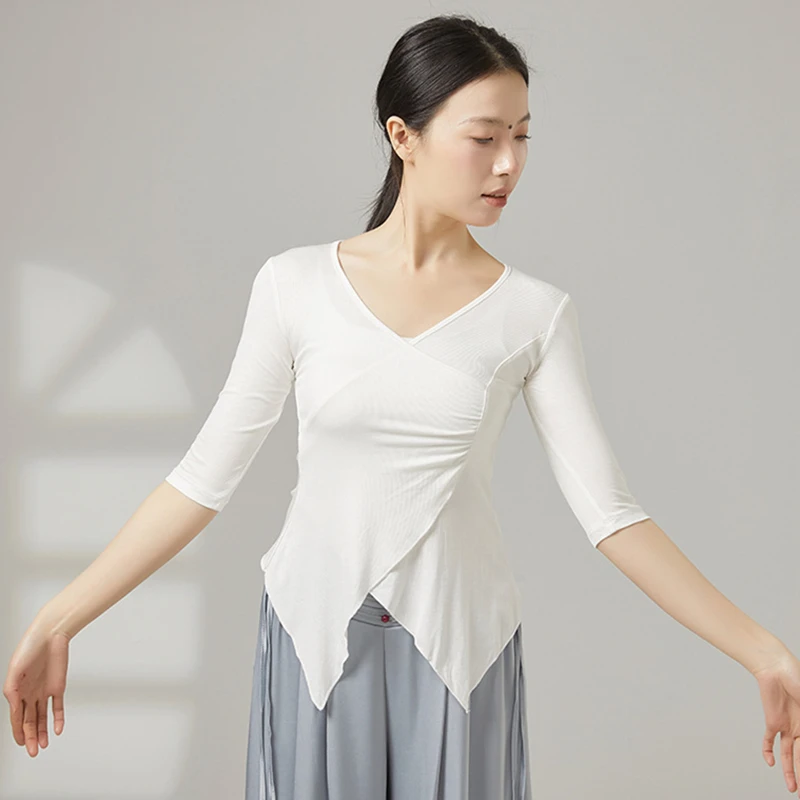 Modern Dance Clothes Women Middle Sleeve Slim Shirt V-Collar Contemporary Dancing Costume Cross Irregular Hem Stage Training Top