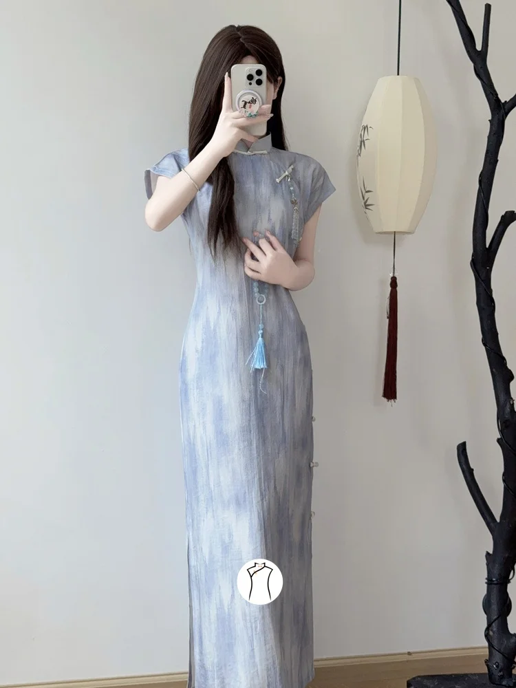 

Длинное традиционное китайское платье для молодых девушек с открытым воротником, цельное, в пол