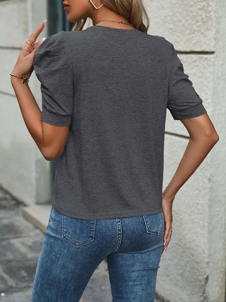 Casual Women Blouse Puff Solid Color Round Neck T Shirt Slim Fit Knit Top Gray T-shirt Ruched Tee Cropped Length Short Sleeve