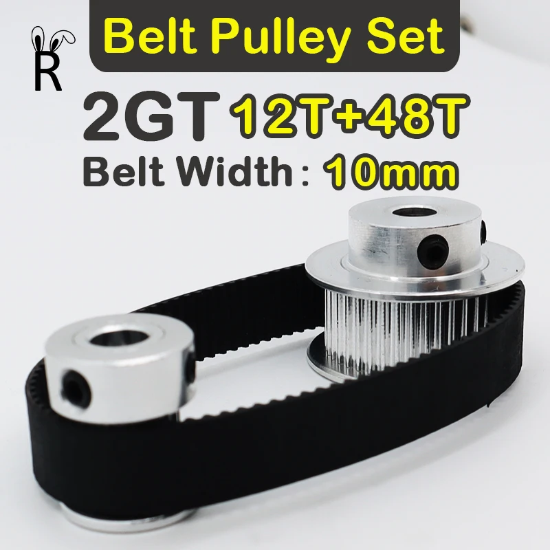 4:1 Reduction 12T 48T 2GT Pulley Belt Set Belt Width 10mm Timing Pulley Set GT2 Synchronous Wheel Kit Pulley Set 12Teeth 48Teeth