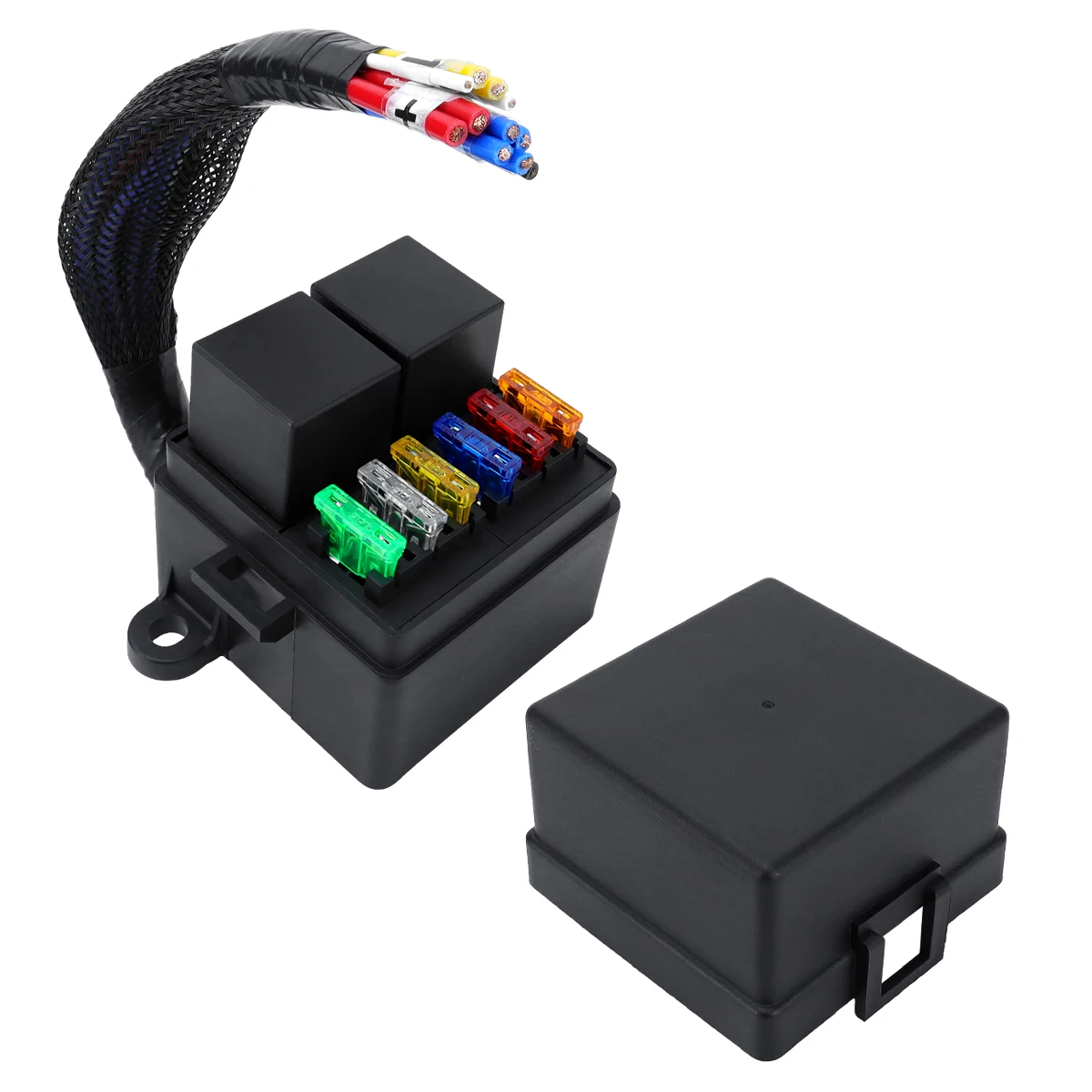 6-Way with 2 Relay Boxes, Car 12V Fuse Box, 2 4-Pin 80A Relays and 6 ATCATO Fuse Holders, Suitable for Cars, RVs, Ships, Etc