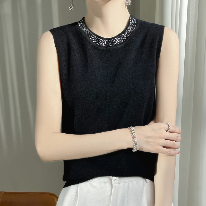 Fahion Women Tank Top 2026 Spring Summer Beading O-neck Sleeveless Tank Tops Innerwear Korean Bottoming Knitted Womens Tank Tops