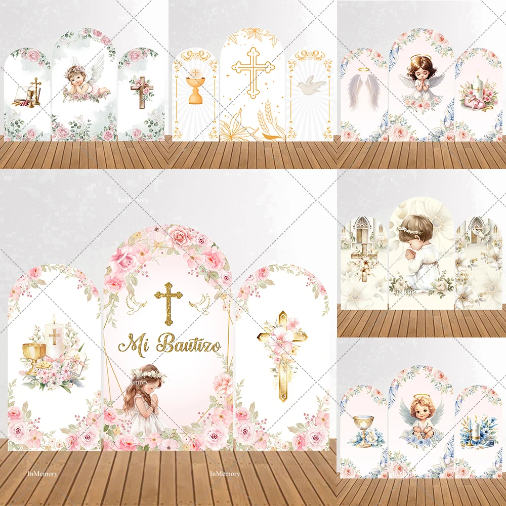 Girl Baptism First Holy Communion Arch Backdrop Pink Flowers Angel Cross God Bless Background Mi Primera Communion Banner
