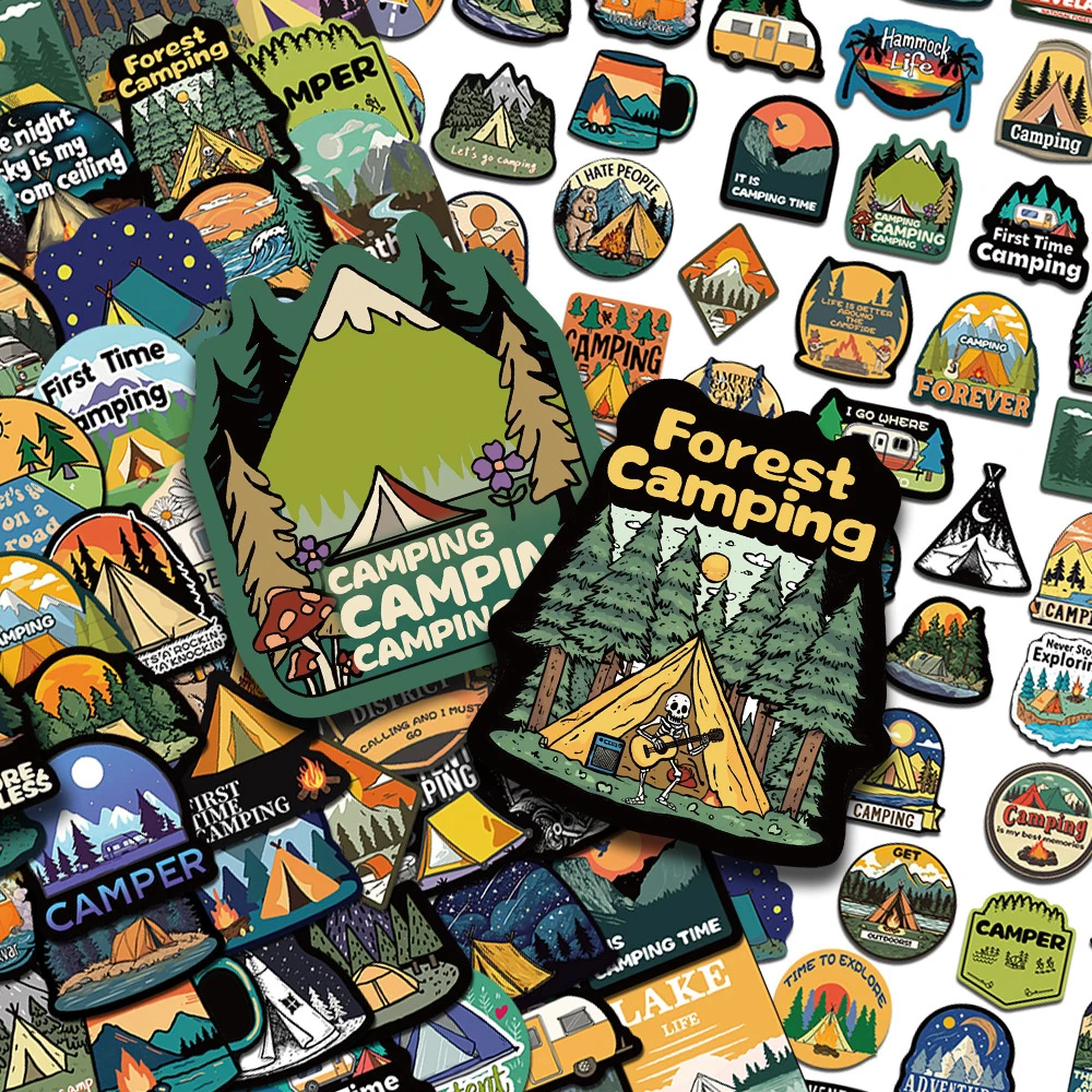 

10/30/50/100pcs Outdoor Adventure Camping Stickers Vintage Cartoon Sticker Suitcase Phone Scrapbook Funny Graffiti Decals Pack