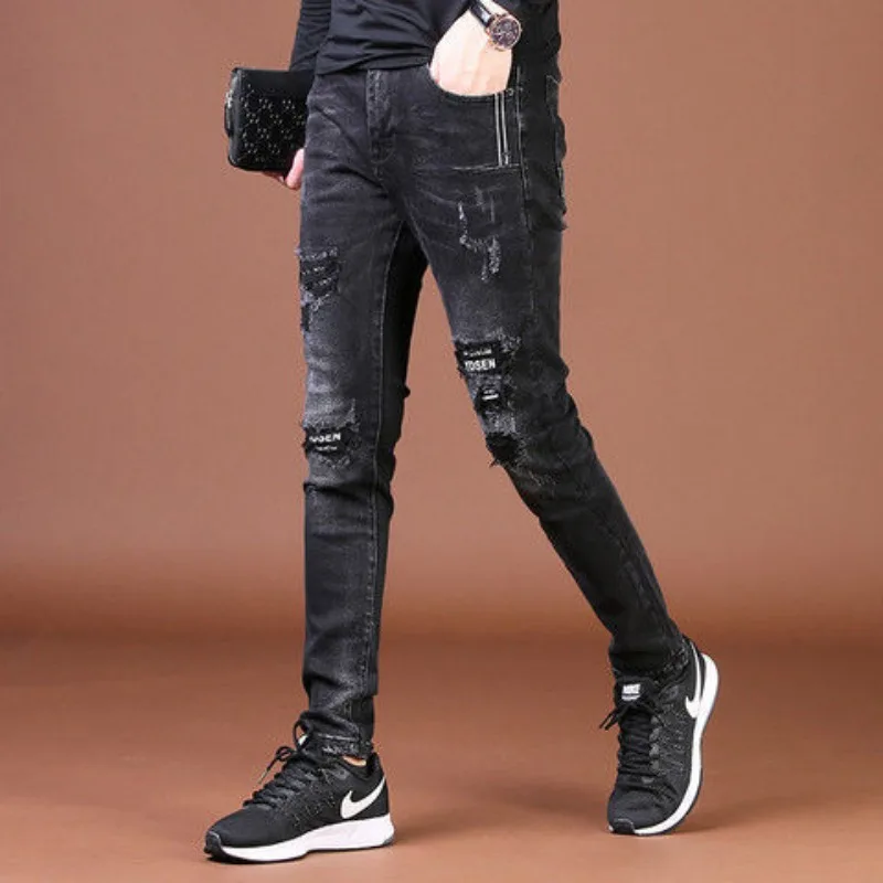 

Men's Clothing Spring and Autumn Ripped Jeans Fashion Slim-fit Skinny Pants Trendy All-match Casual Long Pants