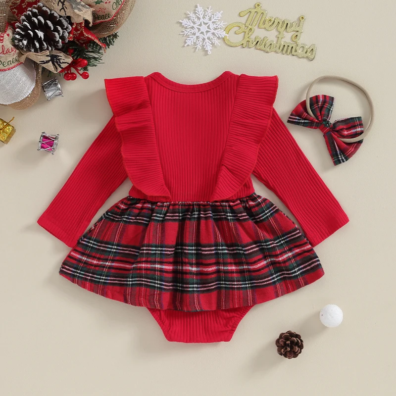 Newborn Baby\'s Clothes Girls 2Pcs Christmas Outfits Long Sleeve Bow Front Plaid Kids Romper with Headband Set Toddler Clothes