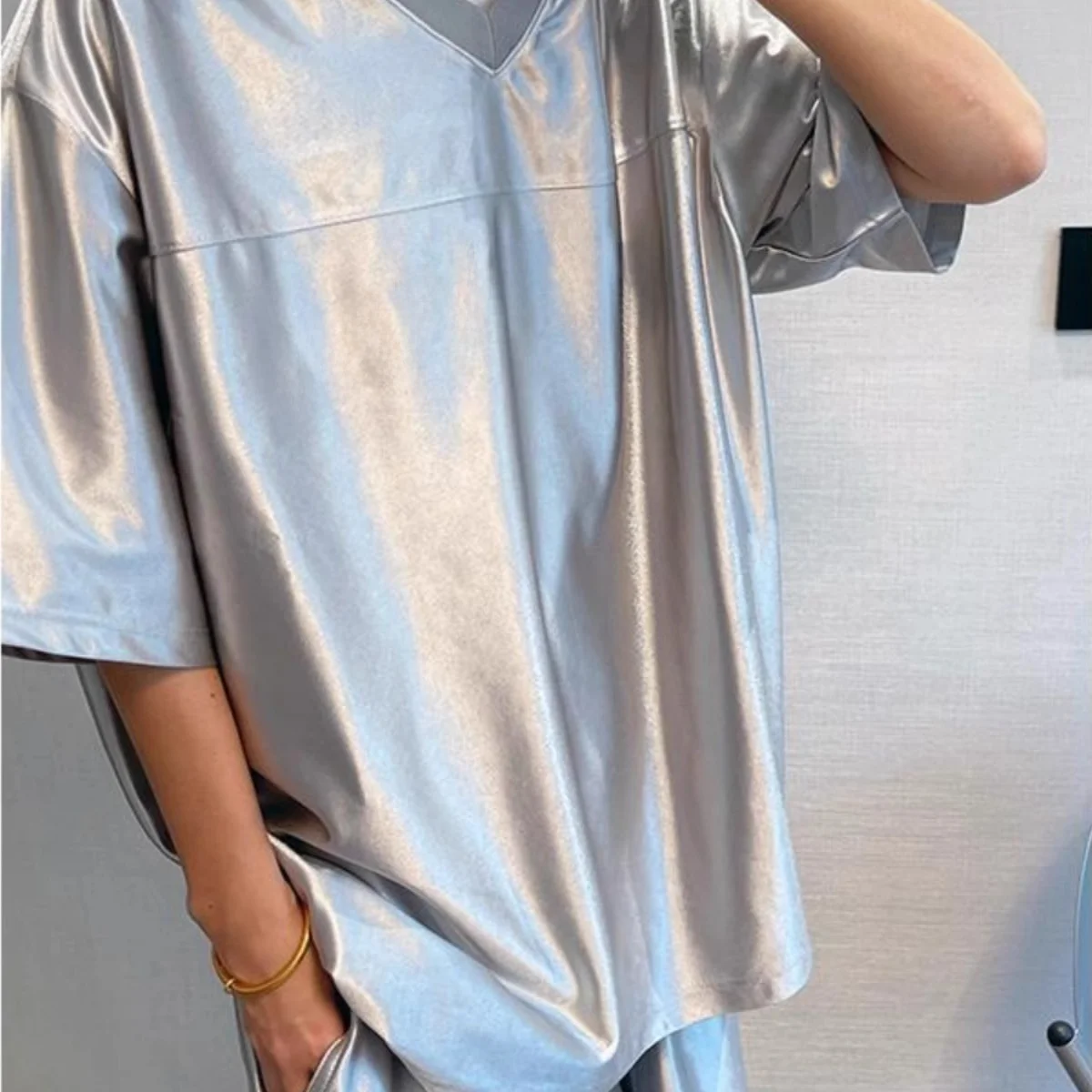 

Футболка свободного покроя Spor ort Sve V-Ne Bla Silver, большой размер 36, мужская и женская iny Drapey, повседневная модная футболка