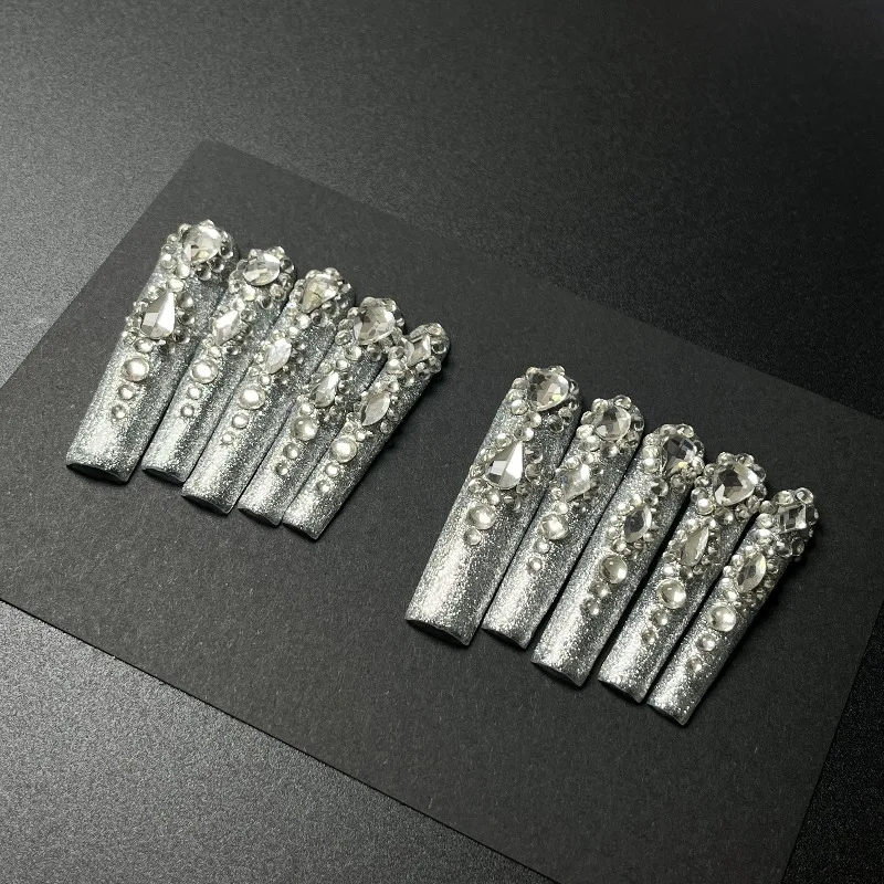 

10PCS Handmade Silver Glitter Nails Luxe Party Press on Nails Coffin Shape 3D Rhinestone Design Glamorous False Nails for Women