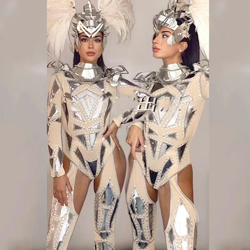 New Tech Style Gogo Costume Sexy Jazz Dance Feather Headdress Armor Silver Jumpsuit Bar Nightclub DS DJ Stage Rave Outfit ﻿Set