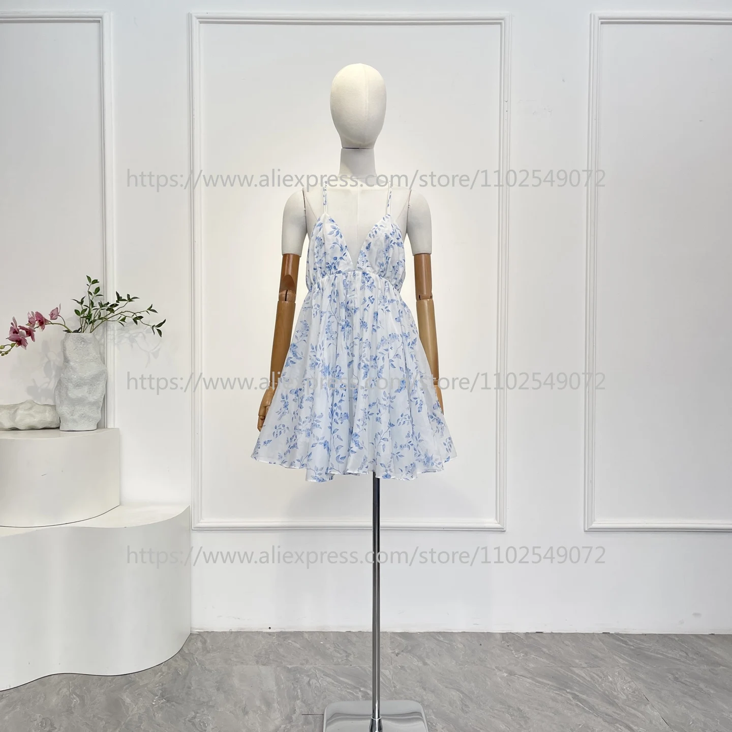 

2026 Sleeveless High Quality Cotton Silk Floral Print Beach Style Women Holiday White Mini Dress