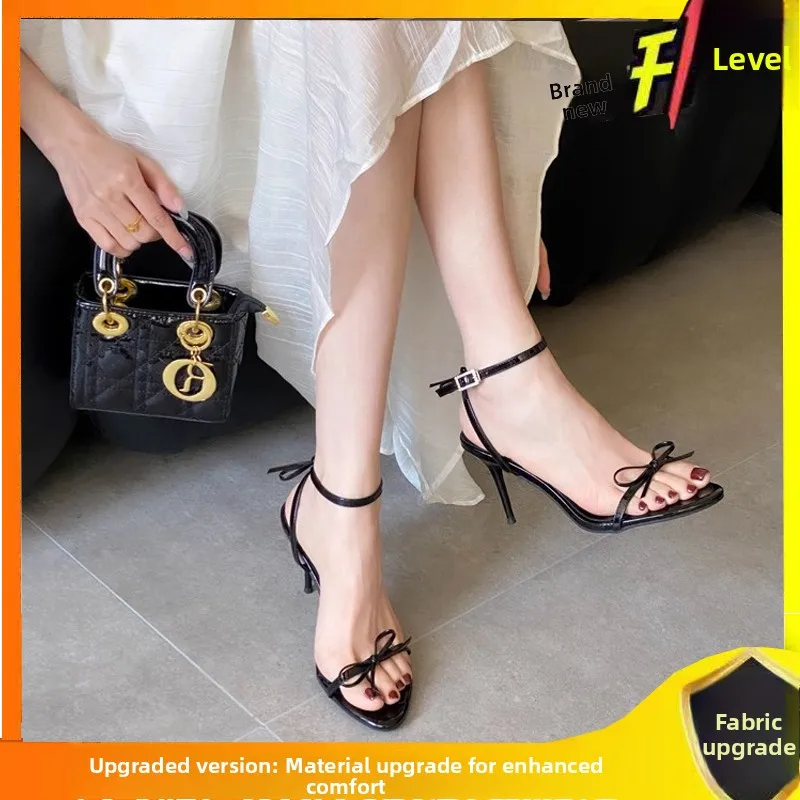 

Ele Patent Leather Knot Sandals High Heels Women's oes Thin Heel Open Toe Bule Strap Casual Faion oes