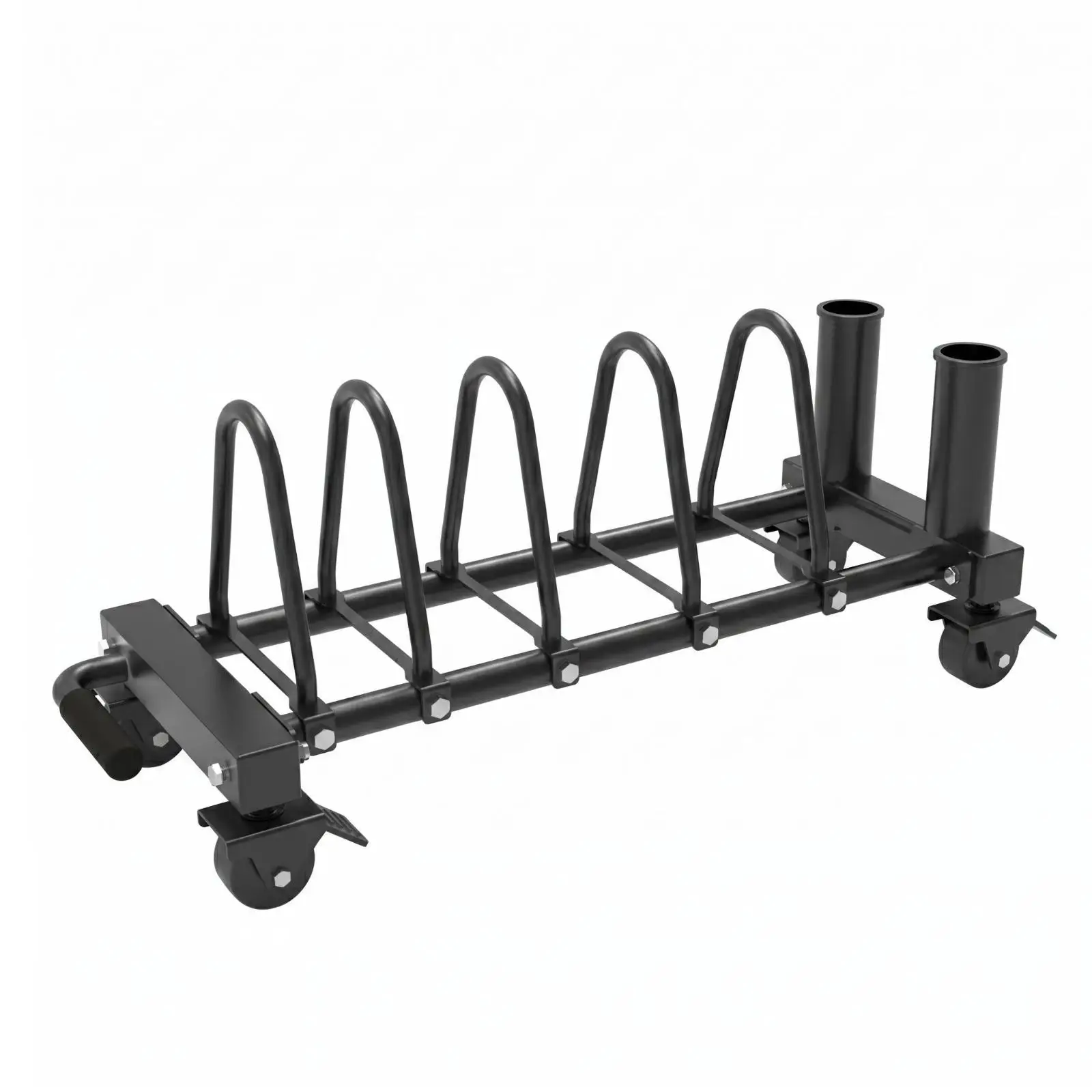 Picture 3: Weight plate storage trolley with wheels, tubular frame and barbell holder
