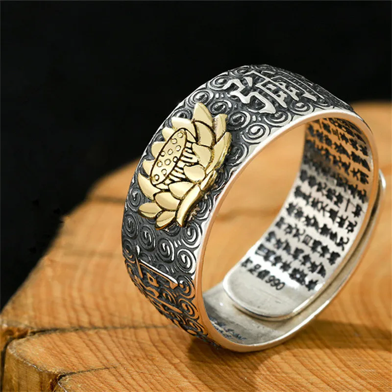 Namo Amitabha Lotus Ring For Men Jewelry Retro Dragon Buddha Buddhist Heart Sutra Ring Male Index Finger Accessories Open Size