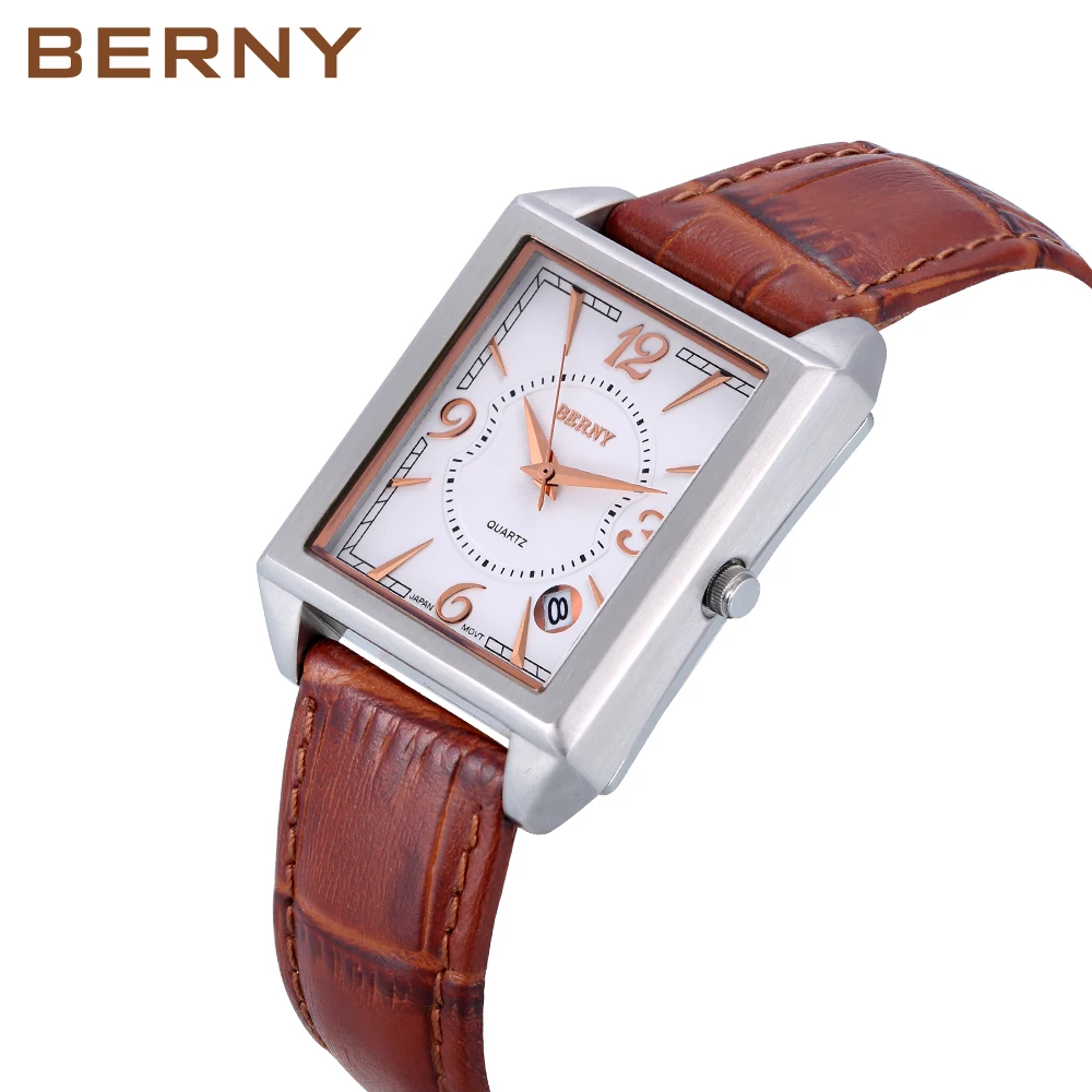 BERNY Men Watch Square Quartz Movement Miyota Calendar Tank Wristwatch Relogio Masculino Leather Strap Waterproof Male Clock