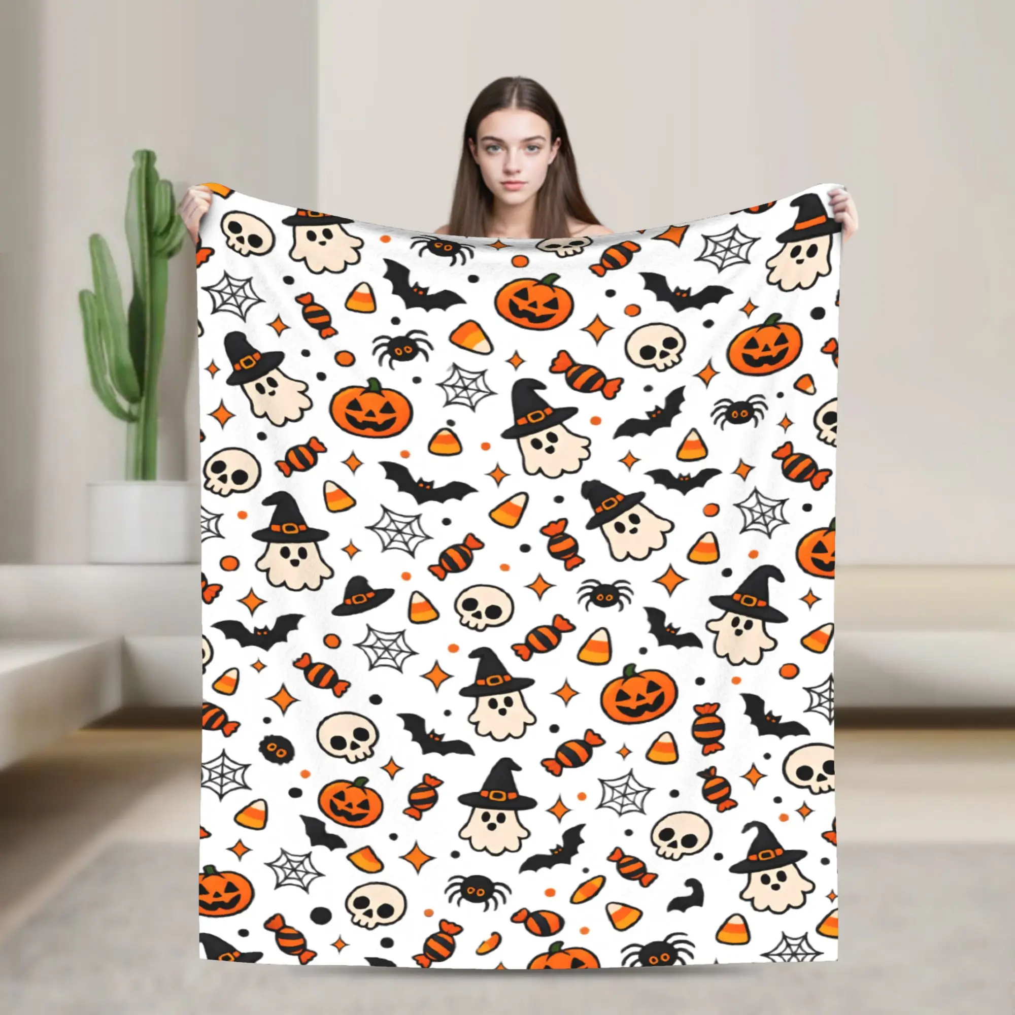 Halloween Candy Ghost Witch Bat Skull White Background Seamless Pattern Flannel Blankets Girls  Soft Throw Blanket Bedspread