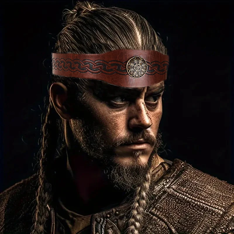 Mittelalterliche Herren Halloween Vintage Wikinger Piraten Print Kopfschmuck Keltische Krone PU Leder Rollenspiel Requisiten Zubehör