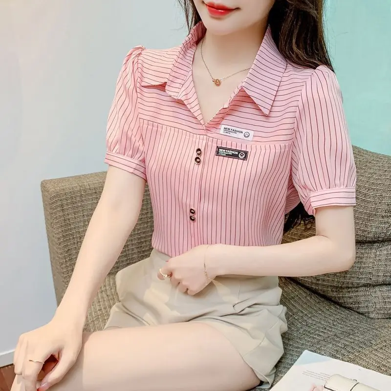 Women\'s Clothing Commute Casual Striped Printed Shirt Summer Stylish Office Lady Button Spliced Short Sleeve Polo-Neck Blouse