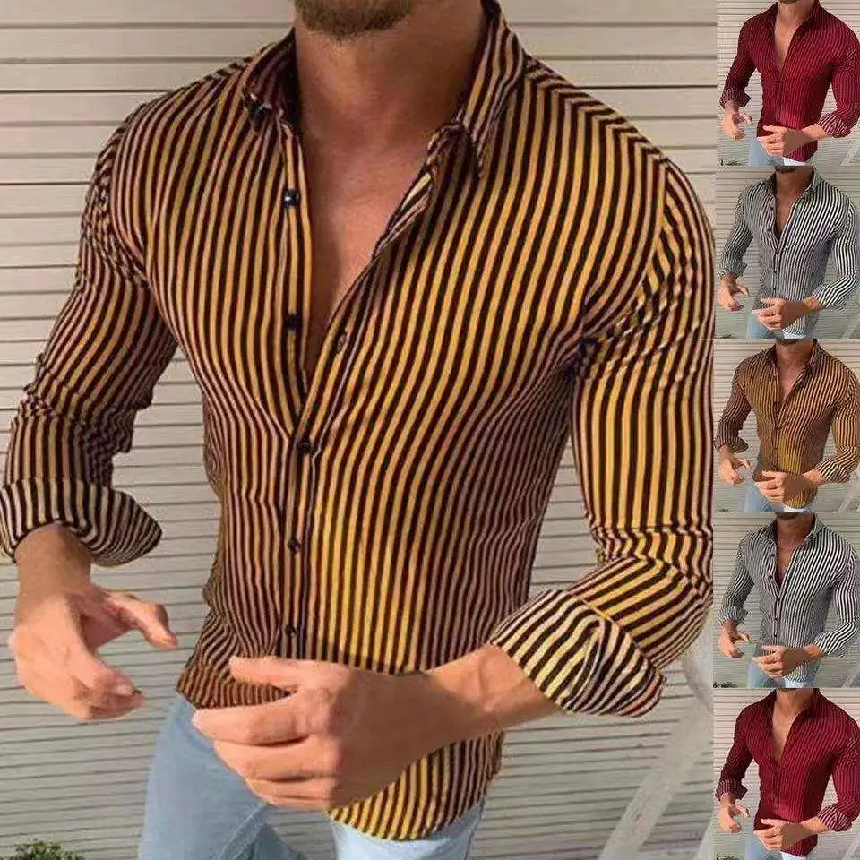 

2023 Slim Fit Long Sve Printed irt Striped Collared Base Layer Wi irt Men's Faion Autumn Thin Model LL02