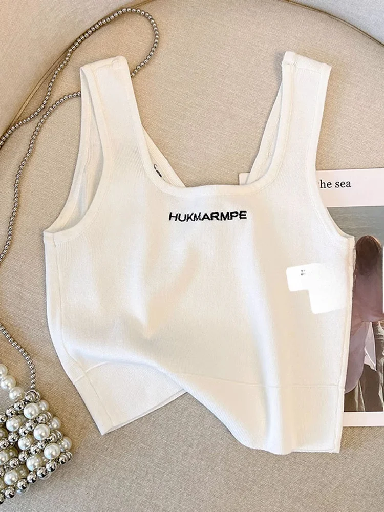 자수 니트 조끼 여성 이너웨어 아우터웨어 슬림핏 레터 자수 탑 여름 패션
