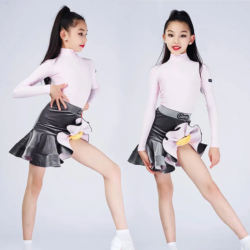 

Костюмы для латинских танцев для девочек, костюм для выступлений, детская одежда для ча-ча, румбы, танго, сценическая одежда, розовый танцевальный трико, серая тренировочная юбка 4149